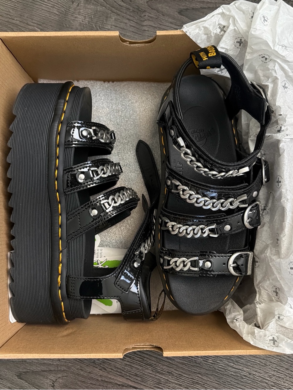 Dr. Martens Blaire II Quad Chain Black Patent Platform Sandals